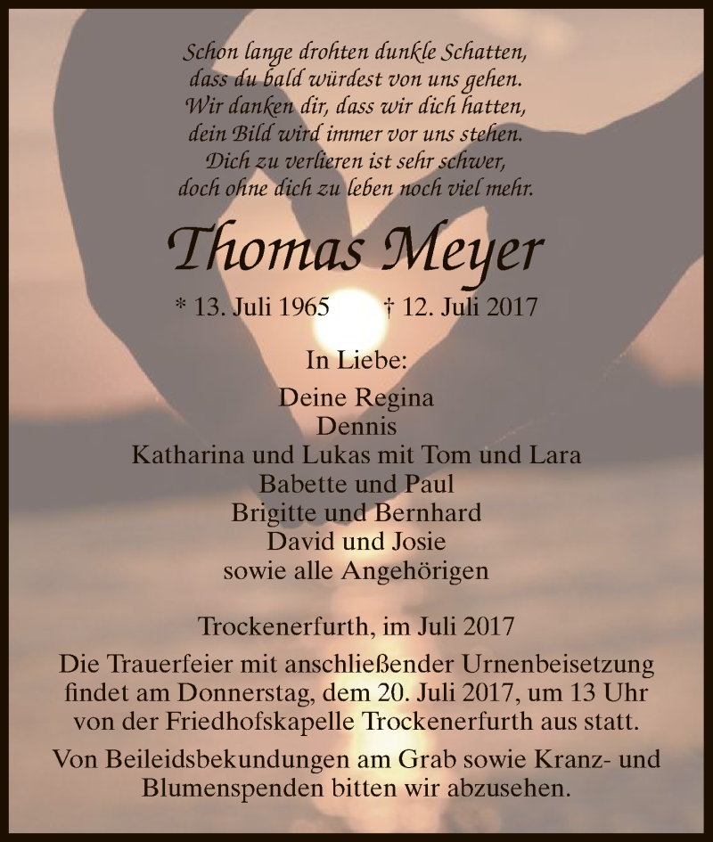  Traueranzeige für Thomas Meyer vom 17.07.2017 aus HNA