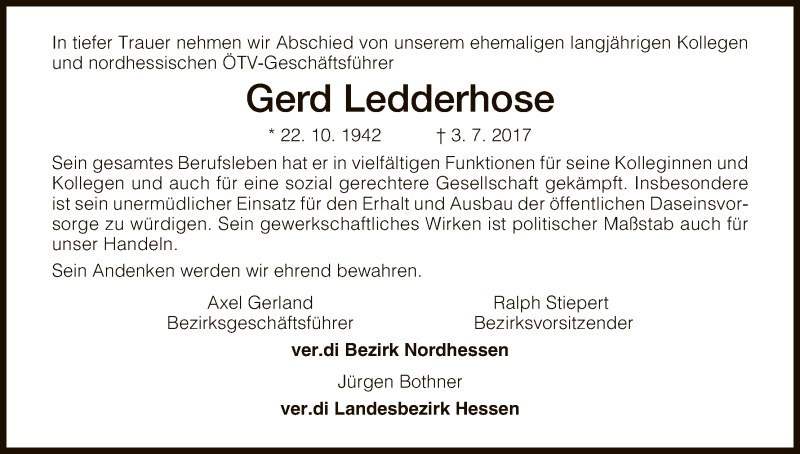  Traueranzeige für Gerd Heinrich Ledderhose vom 11.07.2017 aus HNA