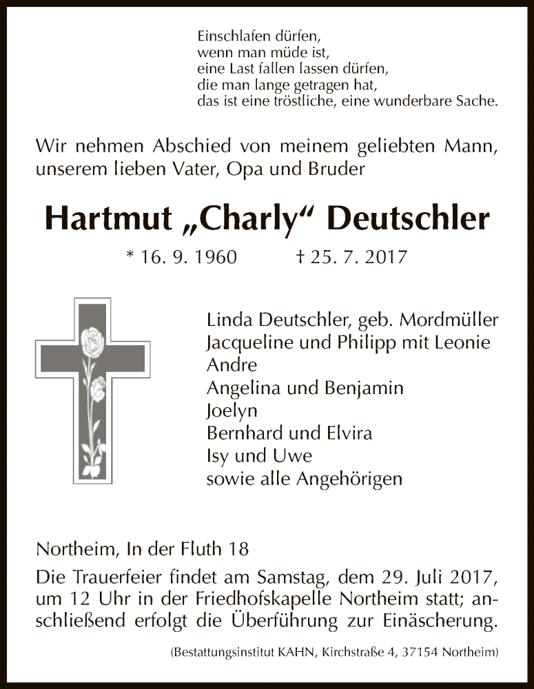  Traueranzeige für Hartmut Deutschler vom 27.07.2017 aus HNA