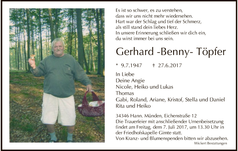  Traueranzeige für Gerhard Töpfer vom 04.07.2017 aus HNA