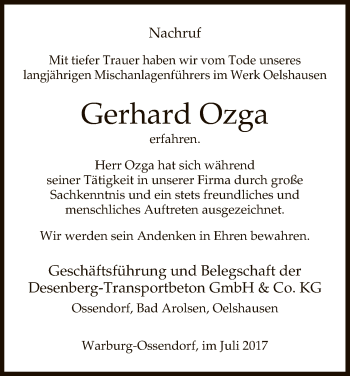 Traueranzeige von Gerhard Ozga von HNA