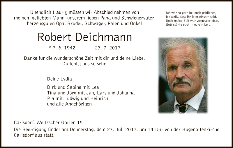  Traueranzeige für Robert Deichmann vom 25.07.2017 aus HNA