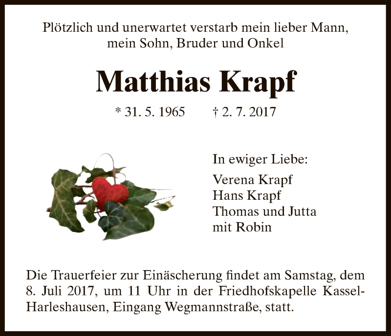  Traueranzeige für Matthias Krapf vom 05.07.2017 aus HNA