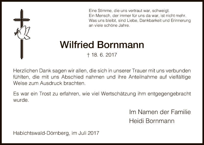  Traueranzeige für Wilfried Bornmann vom 08.07.2017 aus HNA