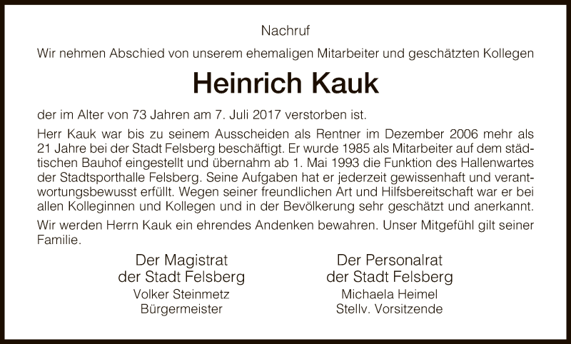  Traueranzeige für Heinrich Kauk vom 19.07.2017 aus HNA