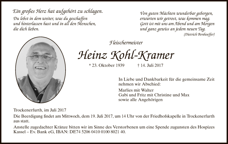  Traueranzeige für Heinz Kohl-Kramer vom 17.07.2017 aus HNA