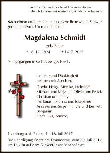 Traueranzeige von Magdalena Schmidt von HNA