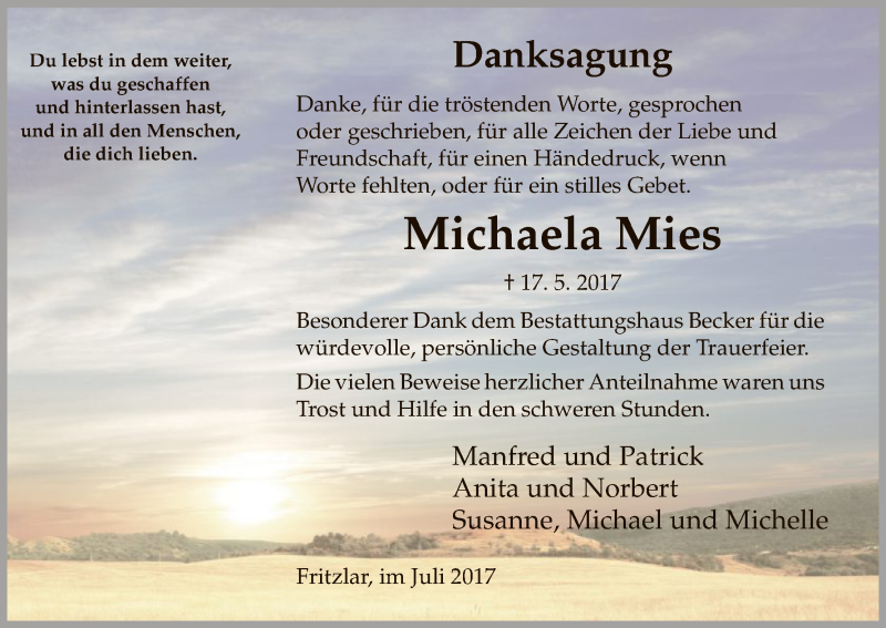 Traueranzeige für Michaela Mies vom 01.07.2017 aus HNA