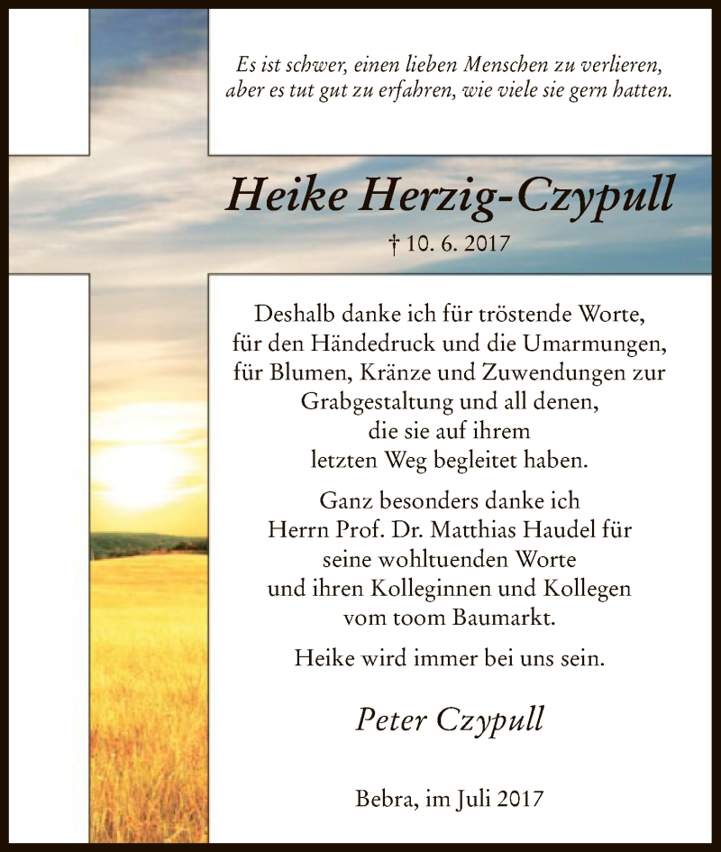  Traueranzeige für Heike Herzig-Czypull vom 01.07.2017 aus HNA