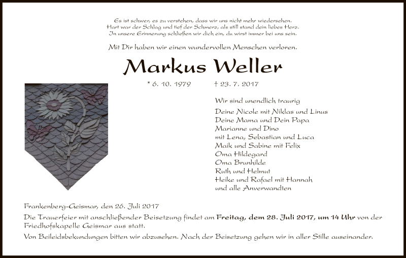  Traueranzeige für Markus Weller vom 26.07.2017 aus HNA