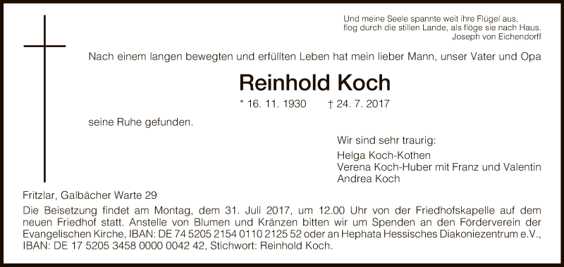  Traueranzeige für Reinhold Koch vom 27.07.2017 aus HNA
