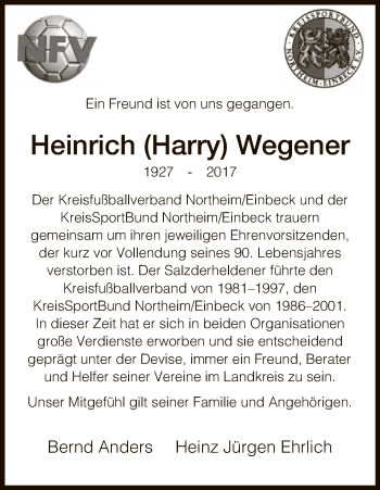 Traueranzeige von Heinrich Wegener von HNA