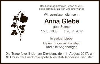 Traueranzeige von Anna Glebe von HNA