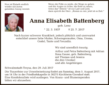 Traueranzeige von Anna Elisabeth Battenberg von HNA