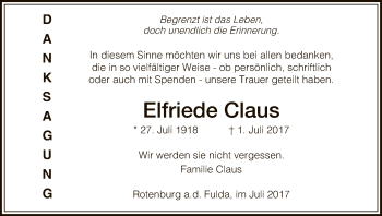 Traueranzeige von Elfriede Claus von HNA