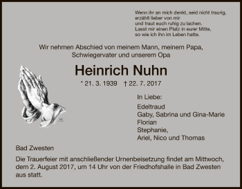 Traueranzeige von Heinrich Nuhn von HNA