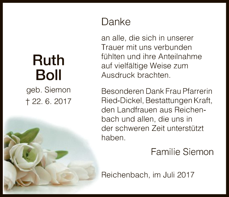  Traueranzeige für Ruth Boll vom 29.07.2017 aus HNA