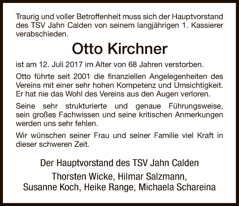  Traueranzeige für Otto Kirchner vom 15.07.2017 aus HNA