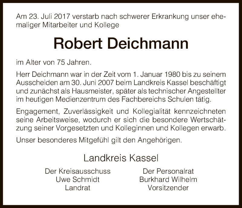  Traueranzeige für Robert Deichmann vom 27.07.2017 aus HNA