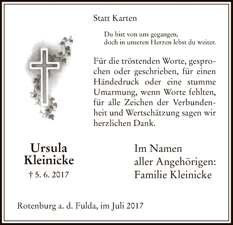  Traueranzeige für Ursula Kleinicke vom 01.07.2017 aus HNA