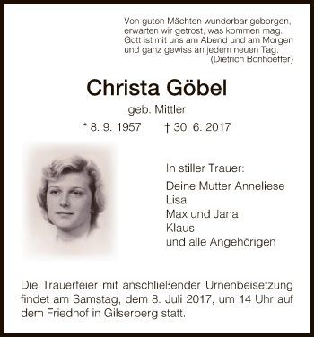 Traueranzeigen von Christa Göbel | Trauer.HNA.de