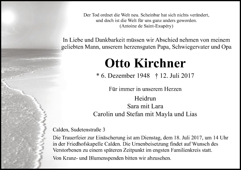  Traueranzeige für Otto Kirchner vom 15.07.2017 aus HNA