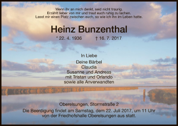 Traueranzeige von Heinz Bunzenthal von HNA