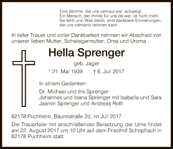Traueranzeige von Hella Sprenger von HNA