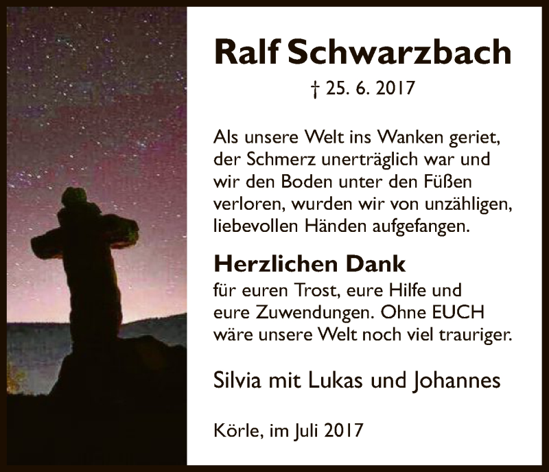  Traueranzeige für Ralf Schwarzbach vom 15.07.2017 aus HNA