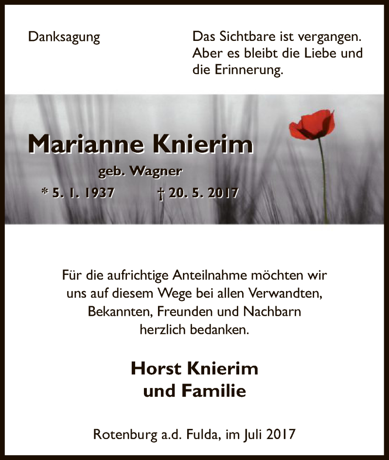 Traueranzeige für Marianne Knierim vom 08.07.2017 aus HNA