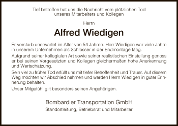 Traueranzeige von Alfred Wiedigen von HNA