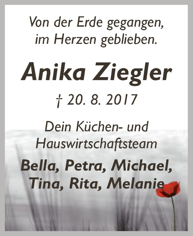  Traueranzeige für Anika Ziegler vom 30.08.2017 aus HNA