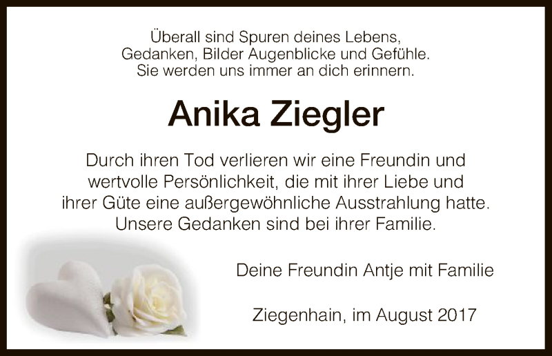 Traueranzeige für Anika Ziegler vom 23.08.2017 aus HNA