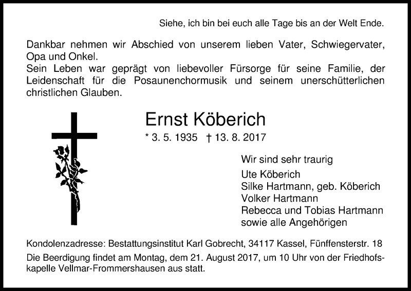  Traueranzeige für Ernst Köberich vom 18.08.2017 aus HNA