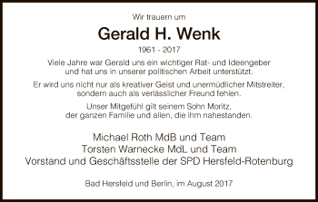 Traueranzeige von Gerald H. Wenk von HNA