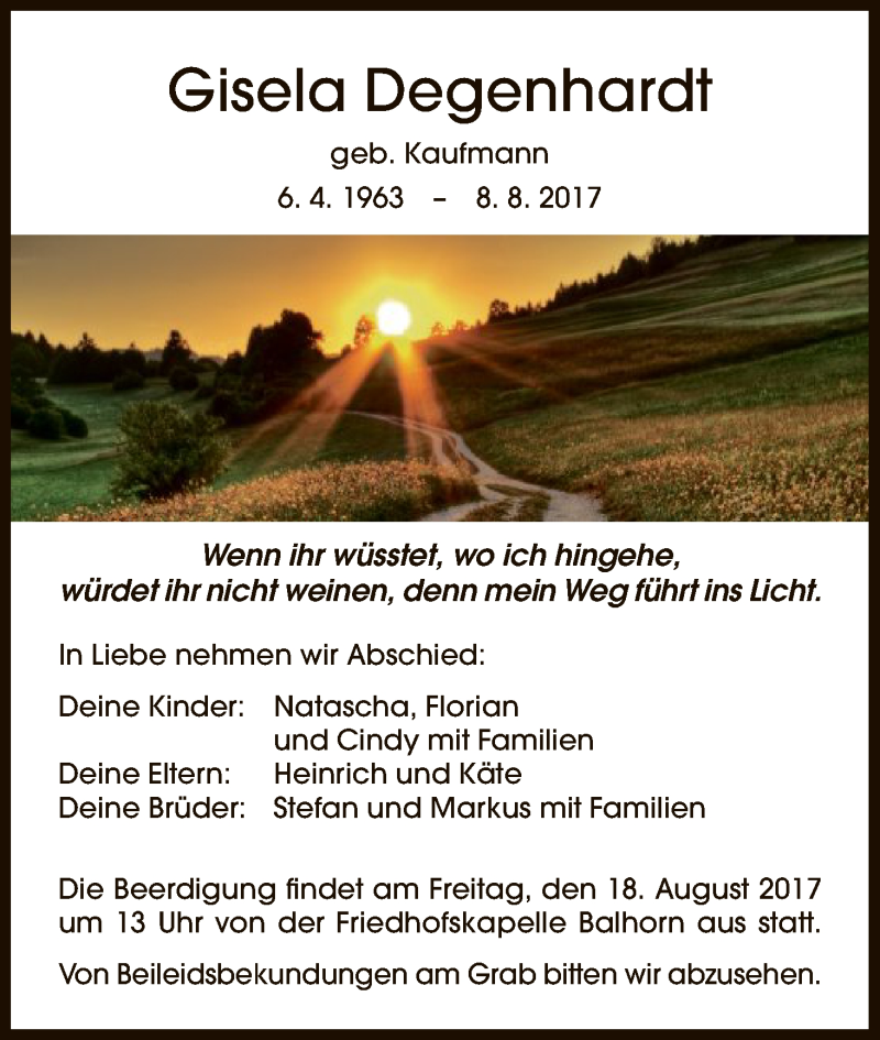  Traueranzeige für Gisela Degenhardt vom 16.08.2017 aus HNA