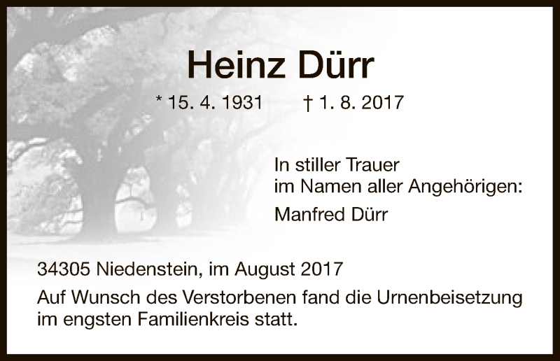  Traueranzeige für Heinz Dürr vom 14.08.2017 aus HNA