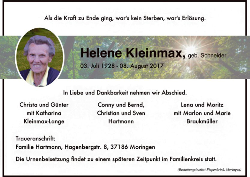  Traueranzeige für Helene Kleinmax vom 12.08.2017 aus HNA