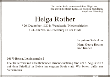 Traueranzeige von Helga Rother von HNA