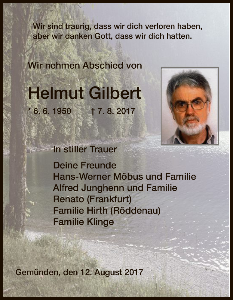  Traueranzeige für Helmut Gilbert vom 12.08.2017 aus HNA