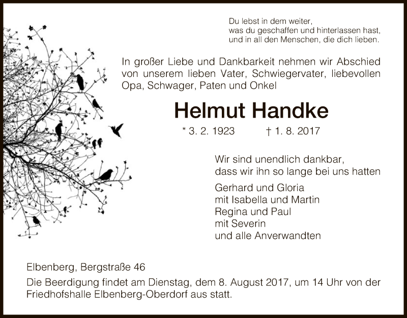  Traueranzeige für Helmut Handke vom 03.08.2017 aus HNA