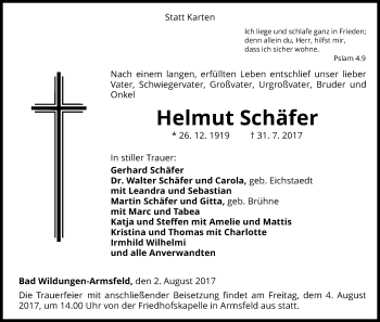 Traueranzeige von Helmut Schäfer von HNA