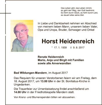 Traueranzeige von Horst Heidenreich von HNA