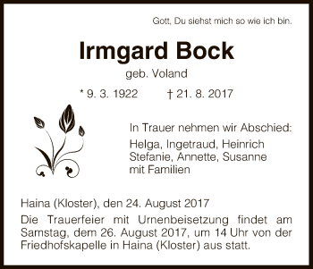 Traueranzeige von Irmgard Bock von HNA