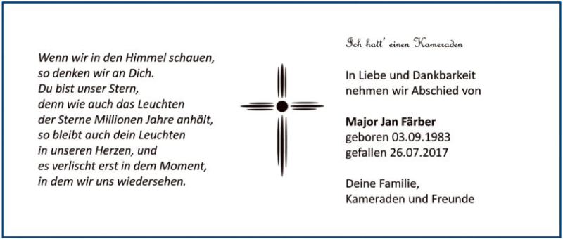  Traueranzeige für Jan Färber vom 11.08.2017 aus HNA