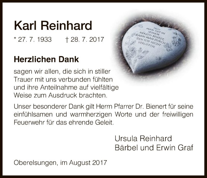  Traueranzeige für Karl Reinhard vom 19.08.2017 aus HNA