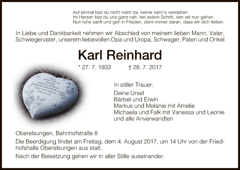  Traueranzeige für Karl Reinhard vom 01.08.2017 aus HNA
