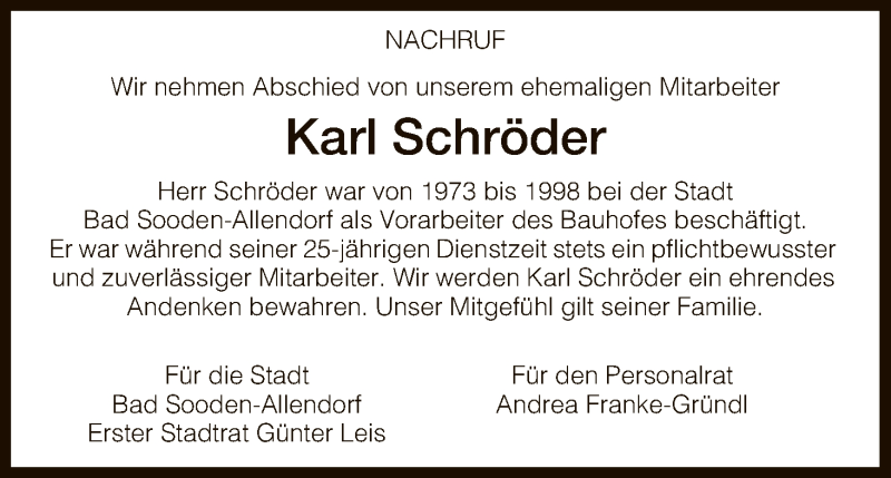  Traueranzeige für Karl Schröder vom 07.08.2017 aus HNA