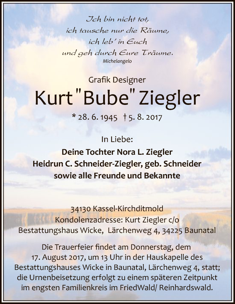  Traueranzeige für Kurt Ziegler vom 12.08.2017 aus HNA