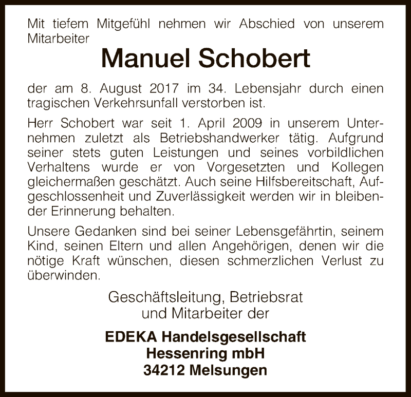  Traueranzeige für Manuel Schobert vom 19.08.2017 aus HNA